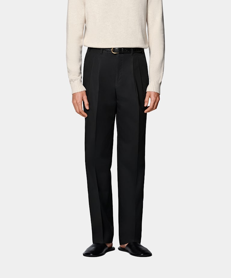 SUITSUPPLY Summer Pure Cotton by Di Sondrio, Italy Black Wide Leg Straight Chinos