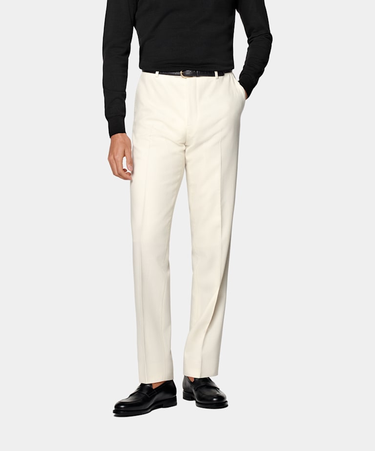 SUITSUPPLY Summer Pure 4-Ply Traveller Wool by Rogna, Italy Off-White Straight Leg Trousers