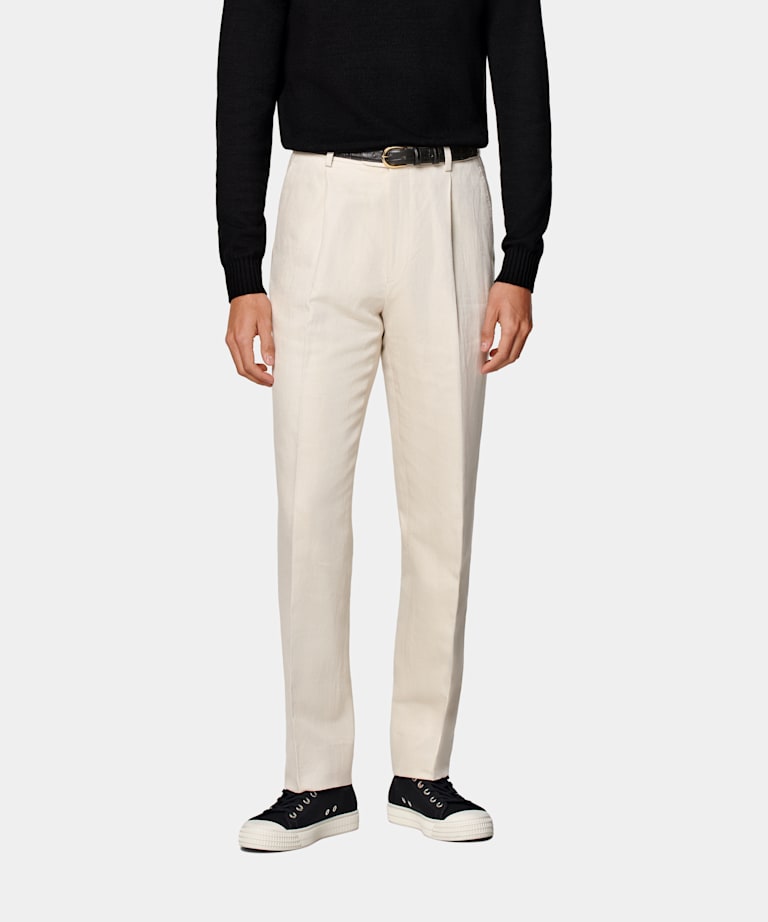 SUITSUPPLY Summer Cotton Linen by Di Sondrio, Italy Sand Wide Leg Tapered Trousers