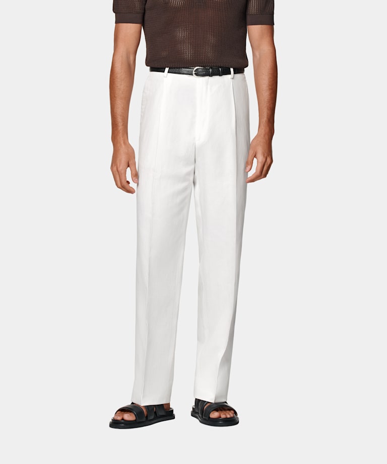 SUITSUPPLY Summer Lyocell Linen Cotton by Di Sondrio, Italy Off-White Wide Leg Straight Trousers
