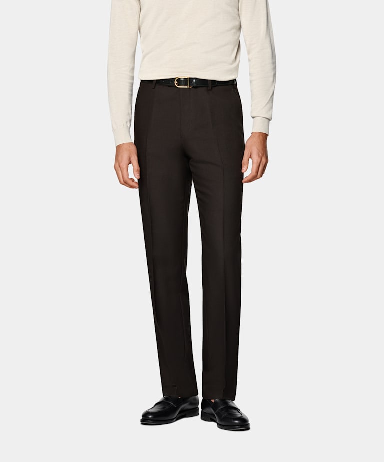 SUITSUPPLY Summer Pure 4-Ply Traveller Wool by Rogna, Italy Dark Brown Straight Leg Trousers
