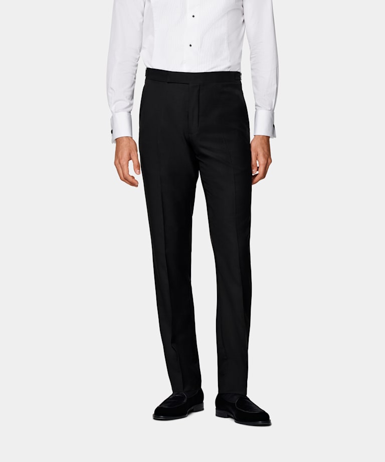 SUITSUPPLY All Season Pure S110's Wool by Vitale Barberis Canonico, Italy  Black Slim Leg Straight Tuxedo Pants