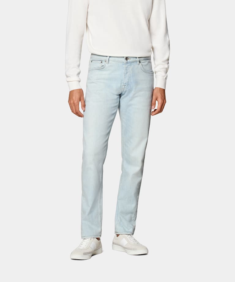 SUITSUPPLY All Season Stretch Denim by Candiani, Italy  Light Blue Slim Leg Tapered Jeans