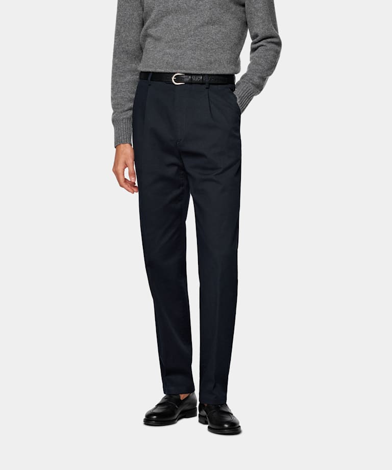 Navy Wide Leg Tapered Chinos