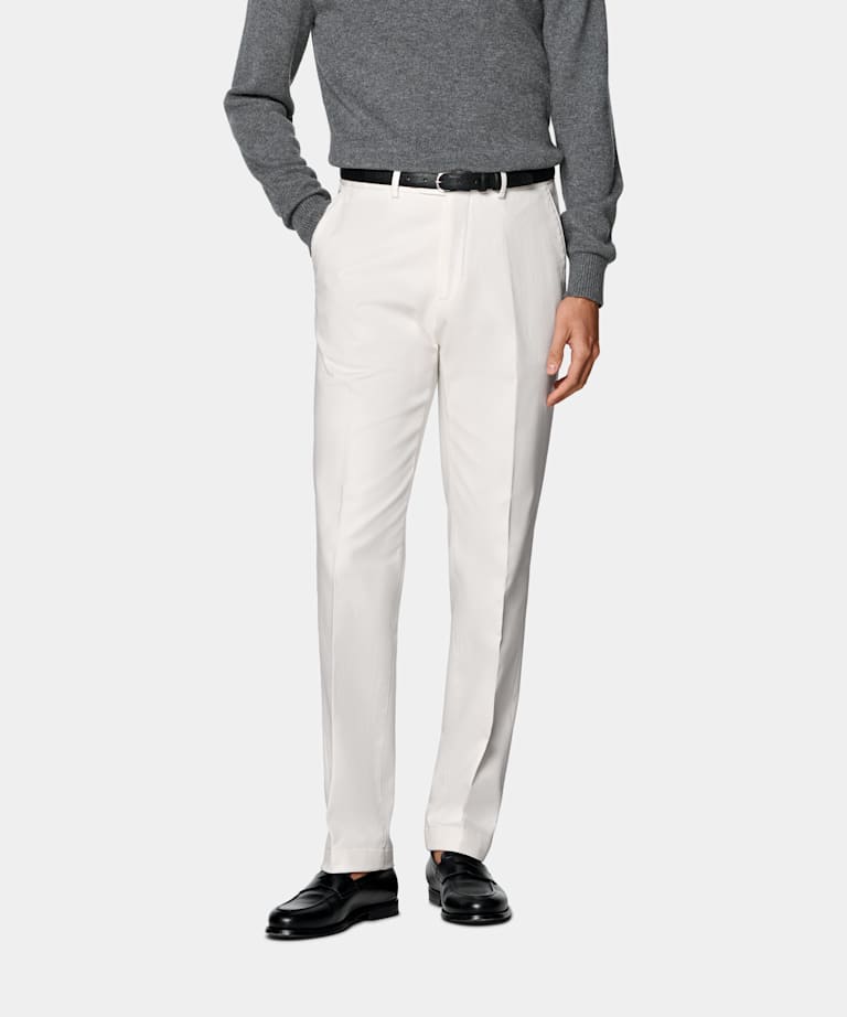 SUITSUPPLY All Season Stretch Cotton by Cervotessile, Italy Off-White Slim Leg Straight Chinos