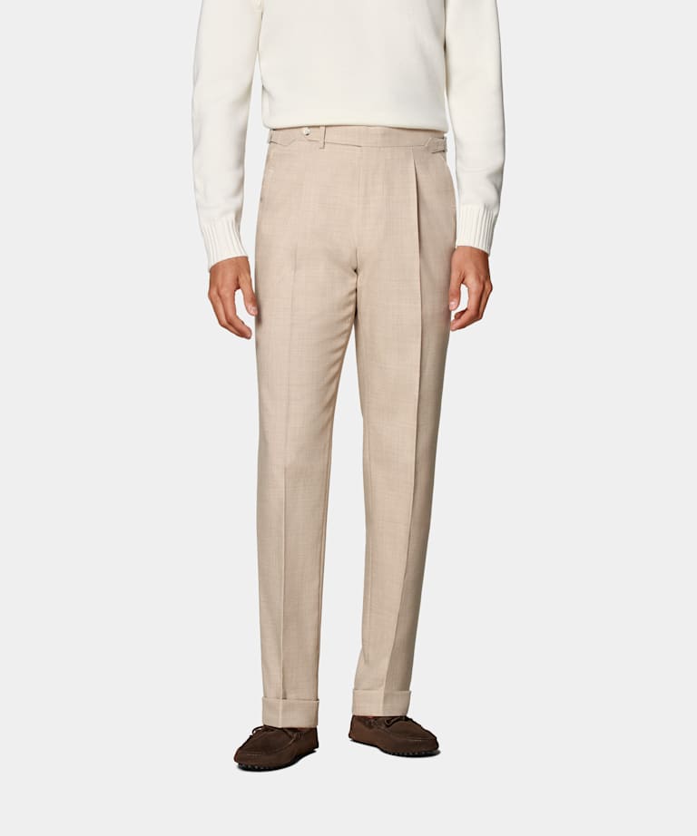 SUITSUPPLY All Season Pure 4-Ply Traveller Wool by Rogna, Italy Sand Slim Leg Tapered Trousers