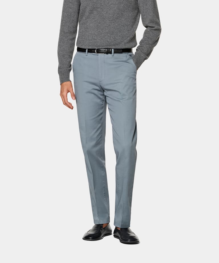 SUITSUPPLY All Season Stretch Cotton by Cervotessile, Italy Mid Blue Slim Leg Straight Chinos