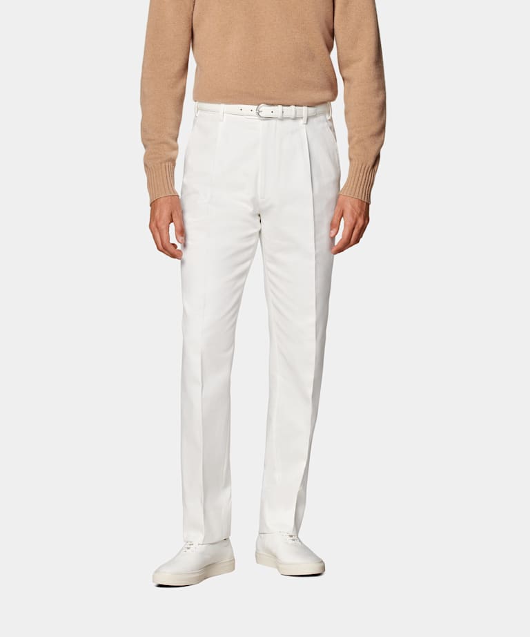 SUITSUPPLY All Season Pure Cotton by Di Sondrio, Italy Off-White Wide Leg Tapered Trousers