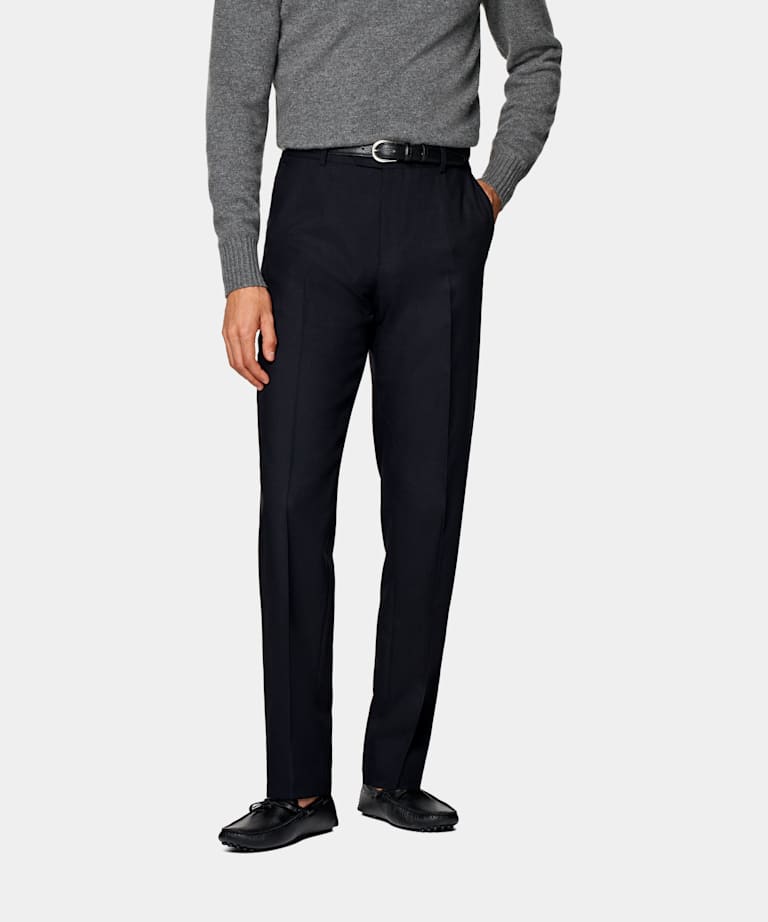 SUITSUPPLY All Season Pure 4-Ply Traveller Wool by Rogna, Italy Navy Straight Leg Trousers