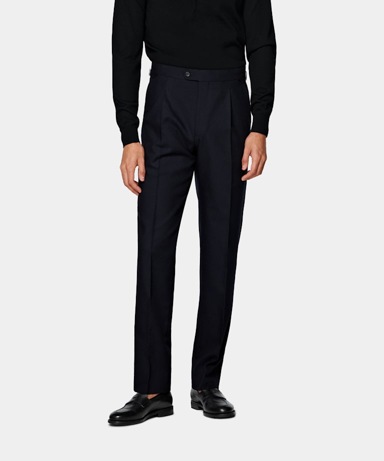 Navy Bird's Eye Slim Leg Straight Suit Pants in Pure S130's
