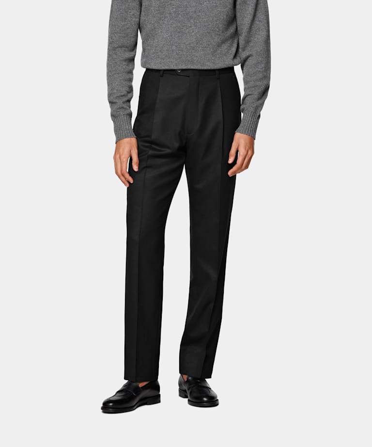 SUITSUPPLY Winter Pure S120's Wool Flannel by Vitale Barberis Canonico, Italy Black Wide Leg Tapered Suit Trousers