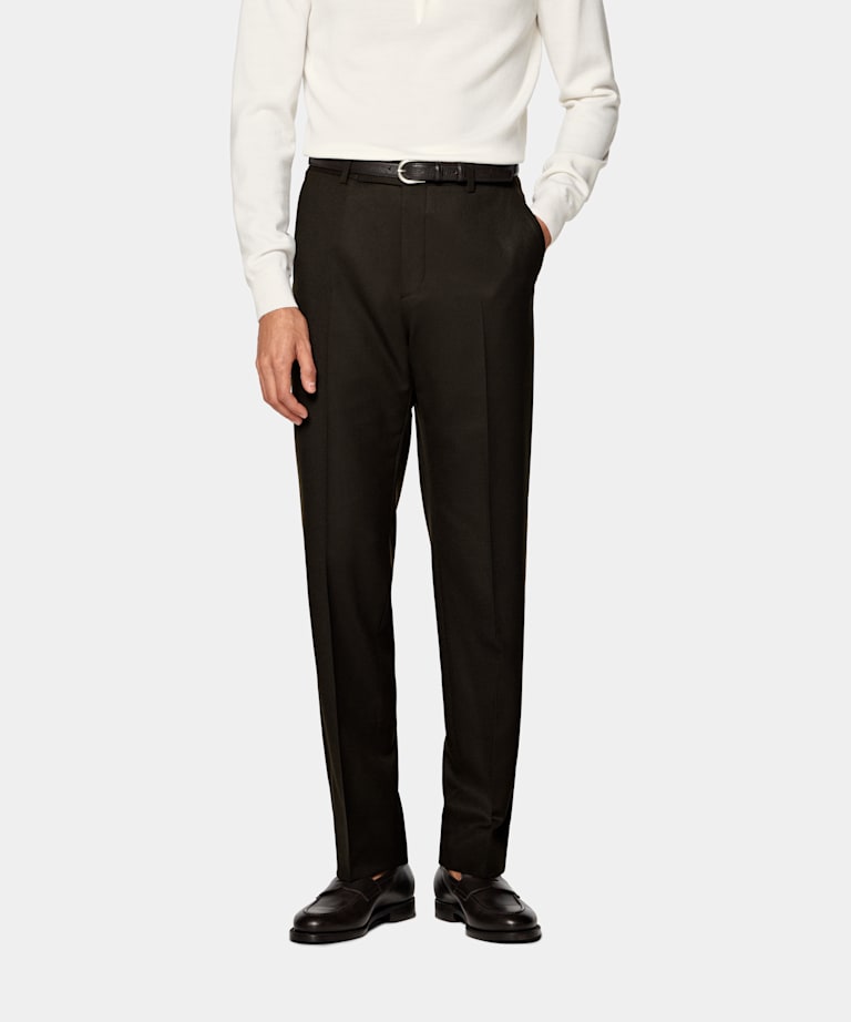 SUITSUPPLY Winter Pure S120's Wool Flannel by Vitale Barberis Canonico, Italy Dark Brown Straight Leg Suit Trousers