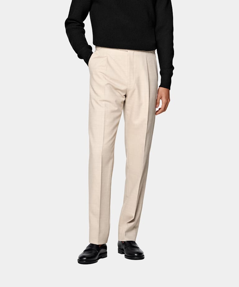 Sand Wide Leg Tapered Suit Trousers
