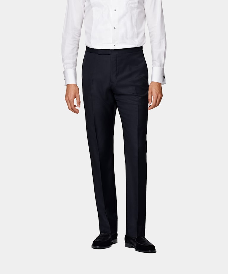 Navy Slim Leg Straight Tuxedo Trousers