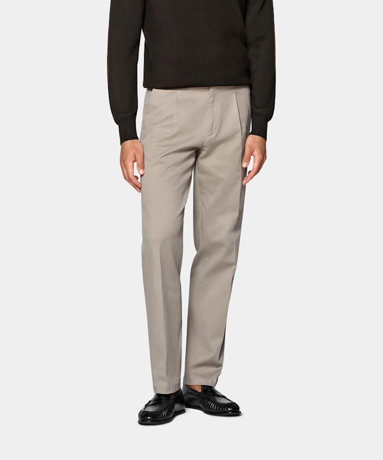 SUITSUPPLY All Season Stretch Cotton de Cervotessile, Italia Light Taupe Wide Leg Tapered Chinos
