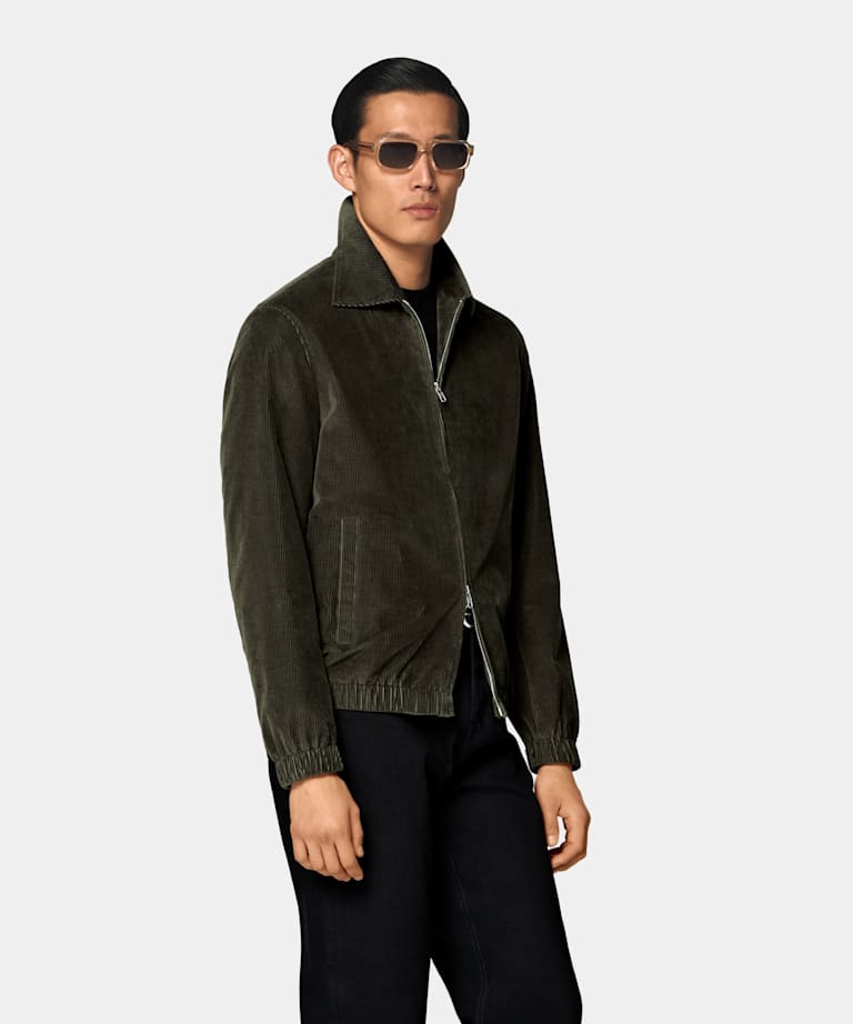 Dark Green Corduroy Bomber Jacket