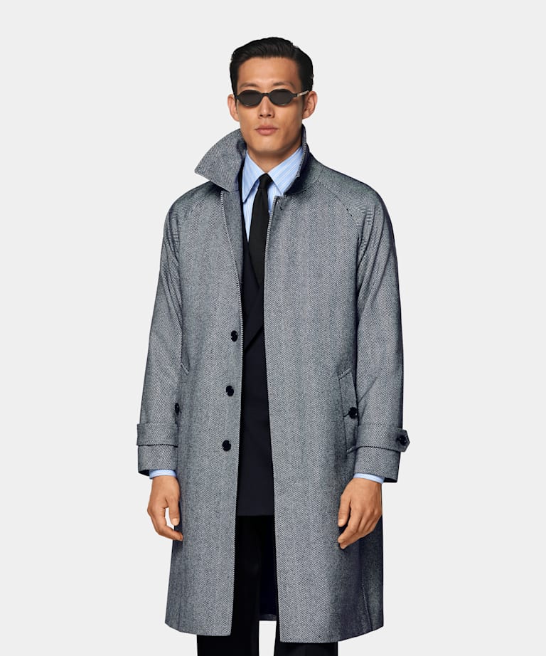 Navy Herringbone Relaxed Raglan Overcoat