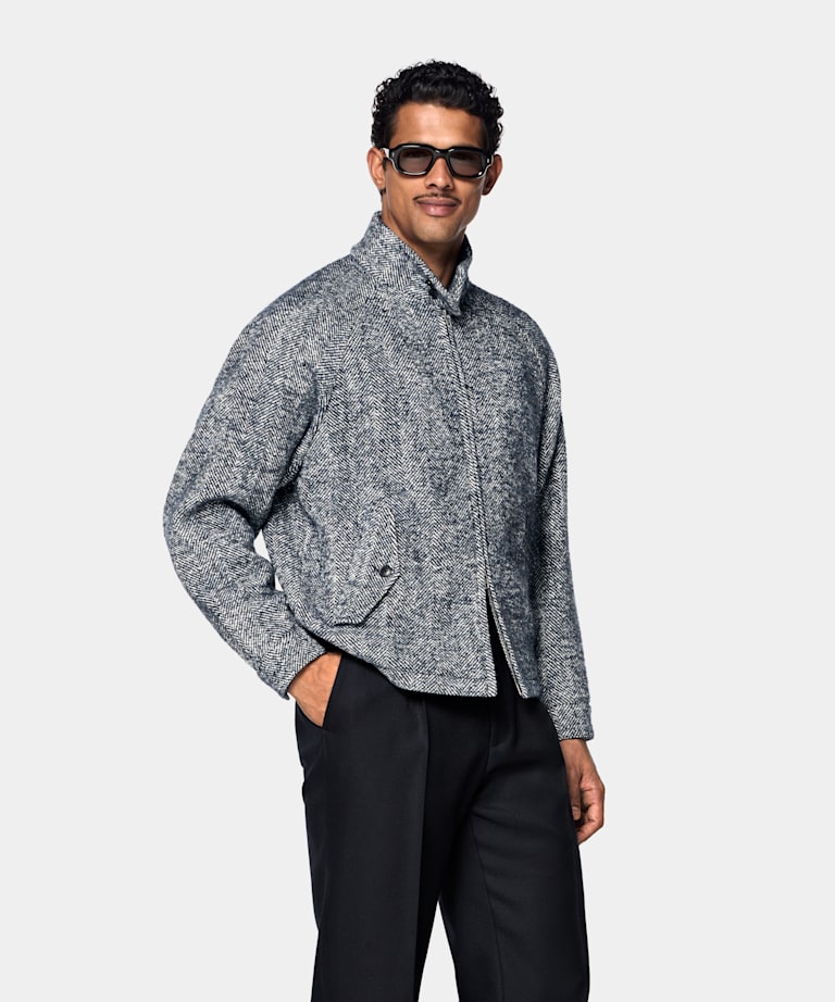 Navy Herringbone Raglan Bomber Jacket