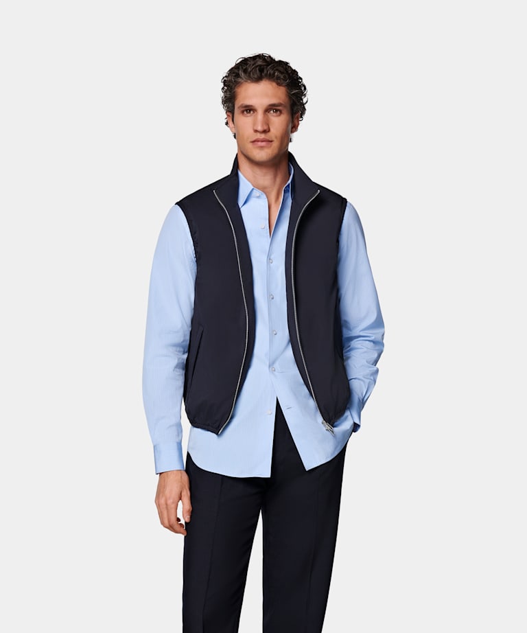 SUITSUPPLY Water-Repellent Technical Fabric by Olmetex, Italy Navy Light Padded Zip Vest
