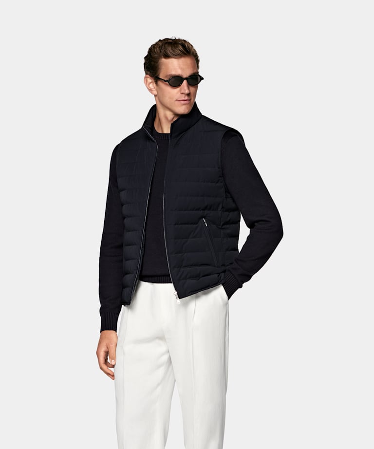 SUITSUPPLY Tissu technique Doudoune sans manches zipp&eacute;e bleu marine en duvet