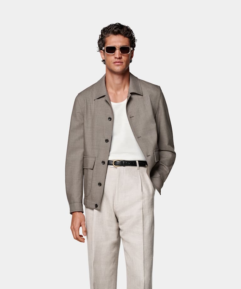 SUITSUPPLY Pure 4-Ply Traveller Wool by Rogna, Italy Taupe Bomber Jacket