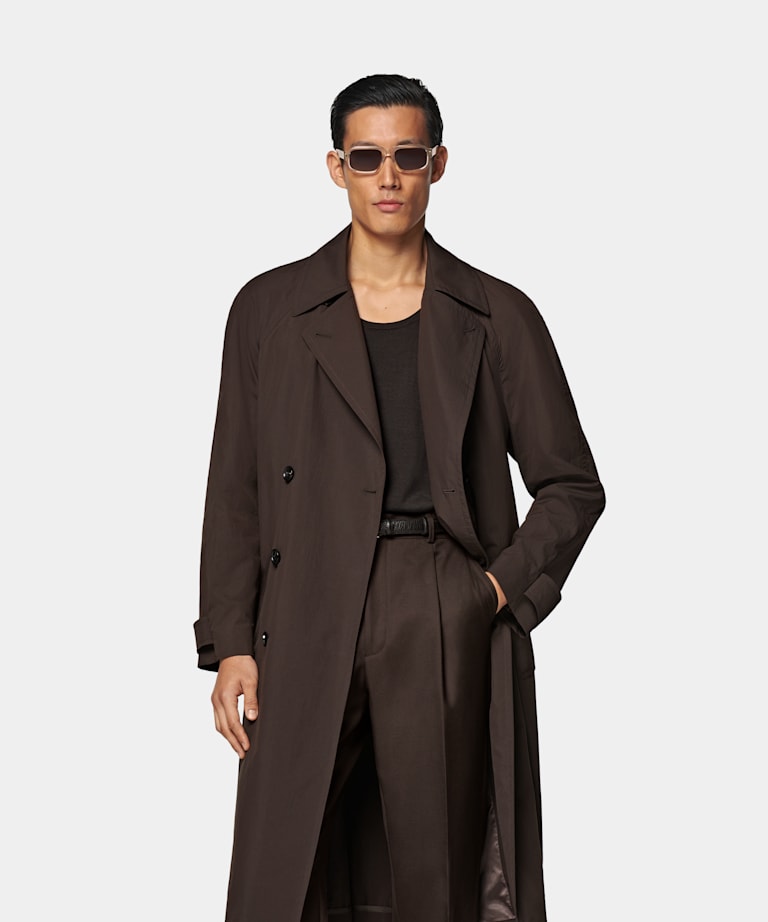 SUITSUPPLY Water-Repellent Technical Fabric by Olmetex, Italy Dark Brown Belted Trench Coat