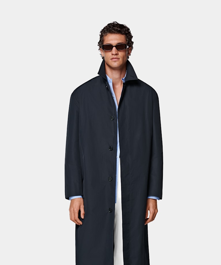 SUITSUPPLY Water-Repellent Technical Fabric by Lanificio Ermenegildo Zegna, Italy Navy Overcoat