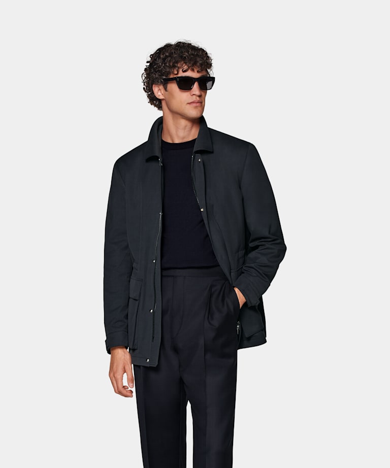 Black Belted Trench Coat in Water-Repellent Technical Fabric
