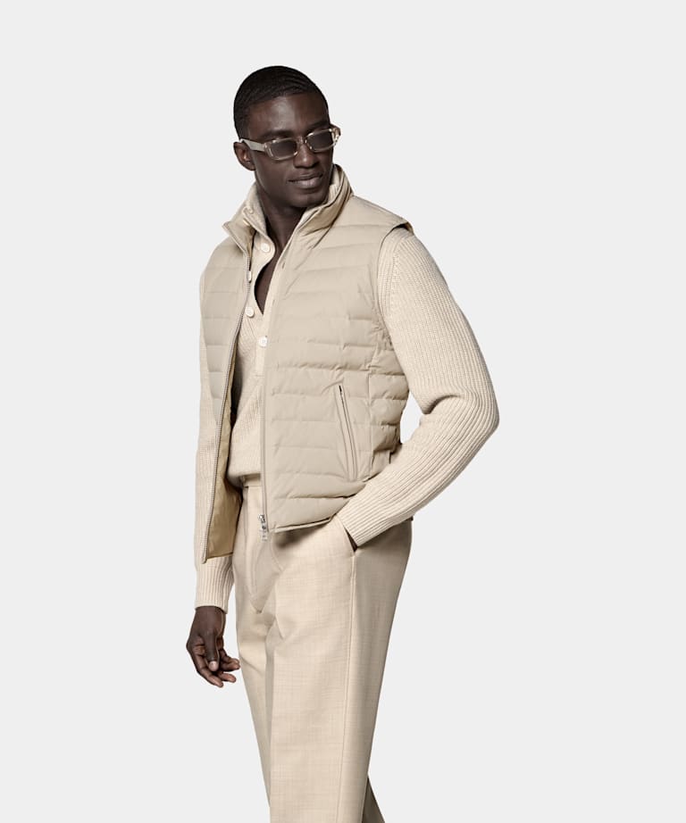 SUITSUPPLY Tissu technique Veste sans manches zipp&eacute;e taupe en duvet