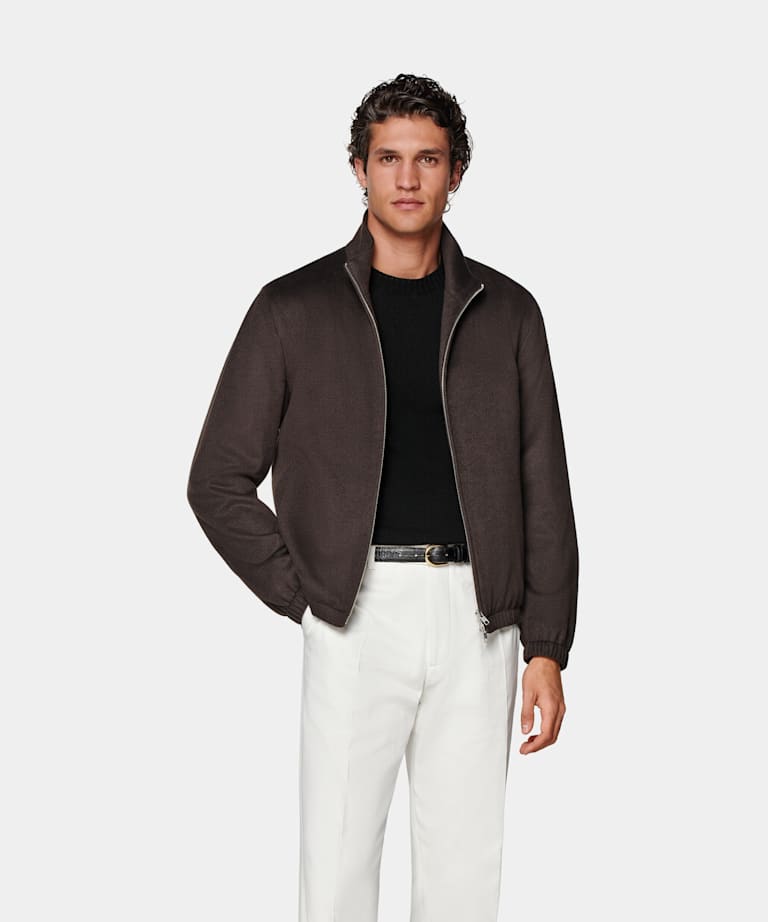 SUITSUPPLY Pure Cashmere by Colombo, Italy Dark Brown Bomber Jacket