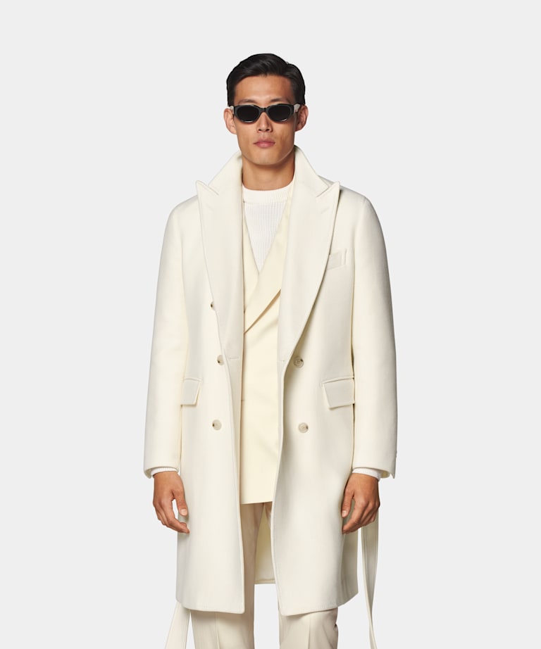SUITSUPPLY Wool Cashmere by Delfino, Italy Off-White Belted Overcoat