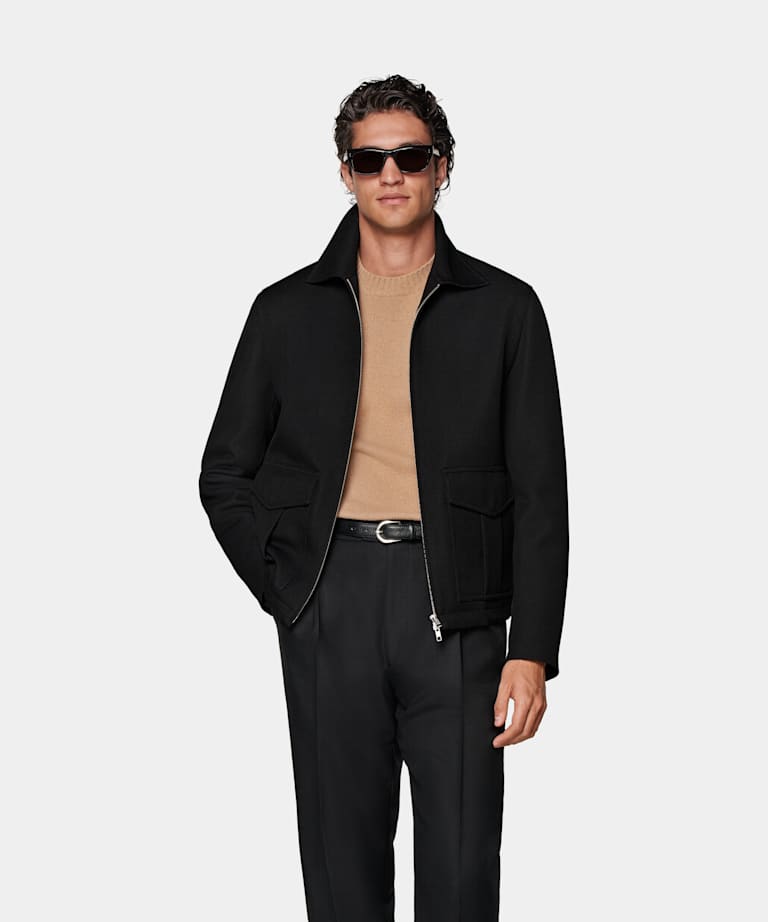 SUITSUPPLY Wool Blend by Ricciarini, Italy Black Bomber Jacket