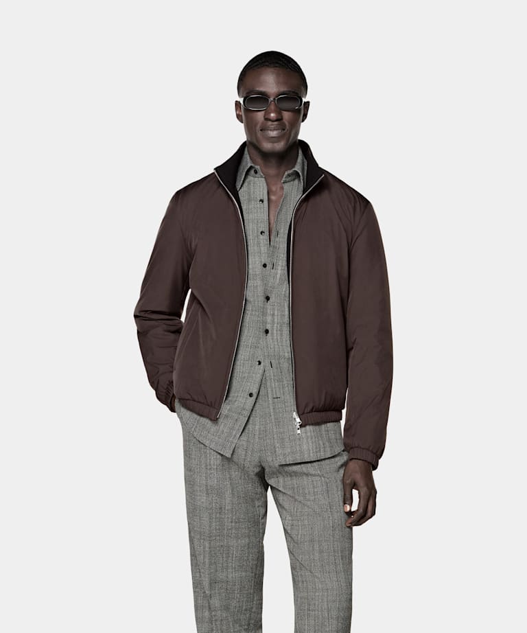 SUITSUPPLY Water-Repellent Technical Fabric by Olmetex, Italy Dark Brown Reversible Bomber Jacket