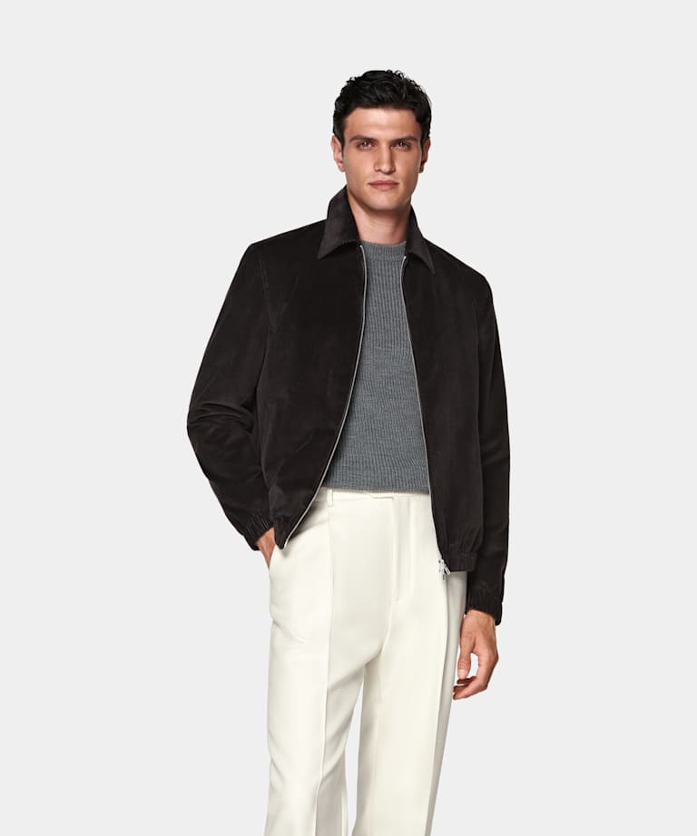 SUITSUPPLY Pure Cotton Corduroy by Pontoglio, Italy Dark Brown Corduroy Bomber Jacket