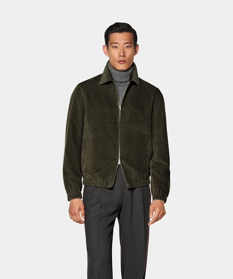 SUITSUPPLY Pure Cotton Corduroy by Pontoglio, Italy Dark Green Corduroy Bomber Jacket