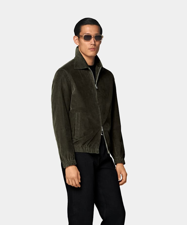 SUITSUPPLY Pure Cotton Corduroy by Pontoglio, Italy Dark Green Corduroy Bomber Jacket
