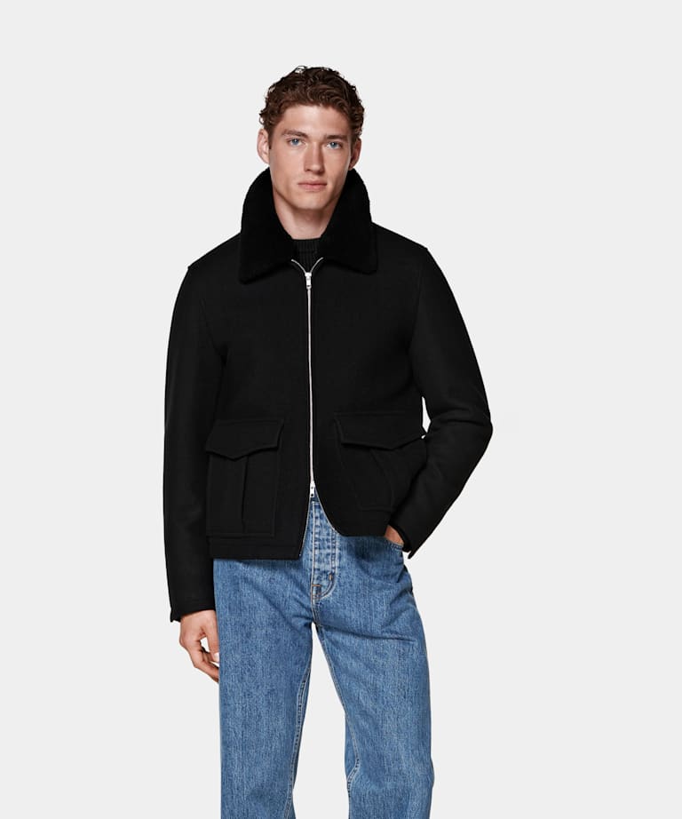 Navy Long Down Jacket in Water-Repellent Wool Blend | SUITSUPPLY