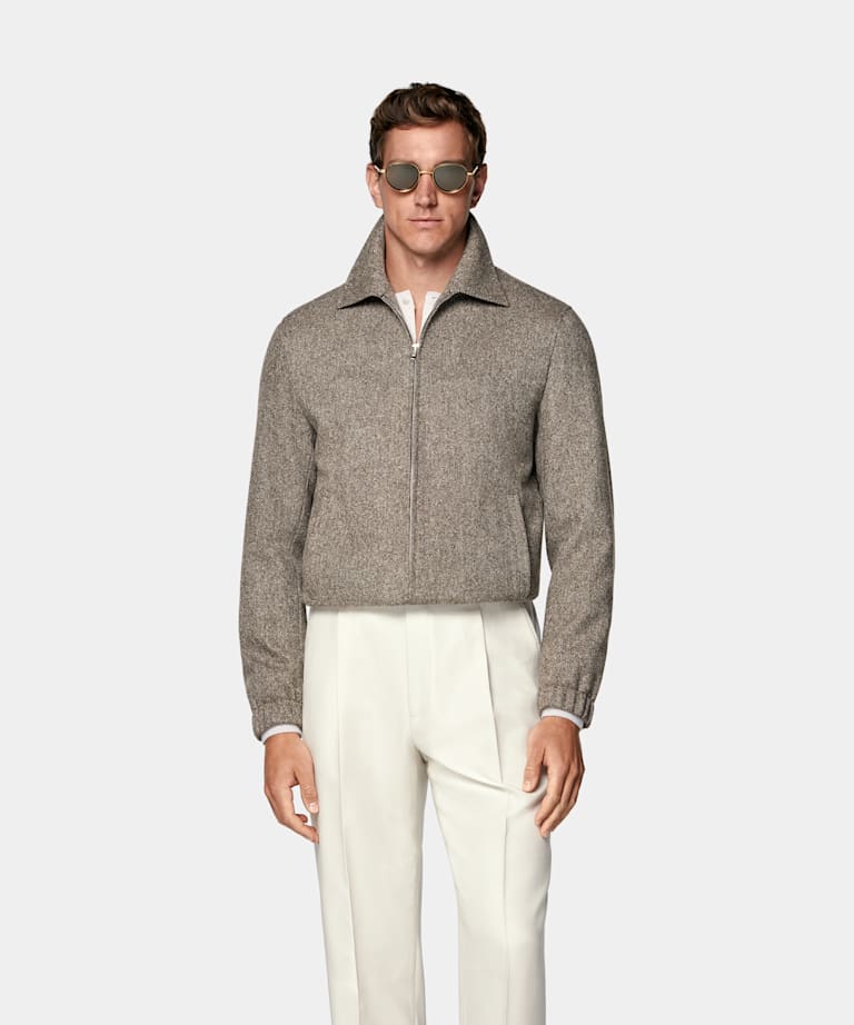 SUITSUPPLY Pure Wool by Bottoli, Italy Brown Bomber Jacket