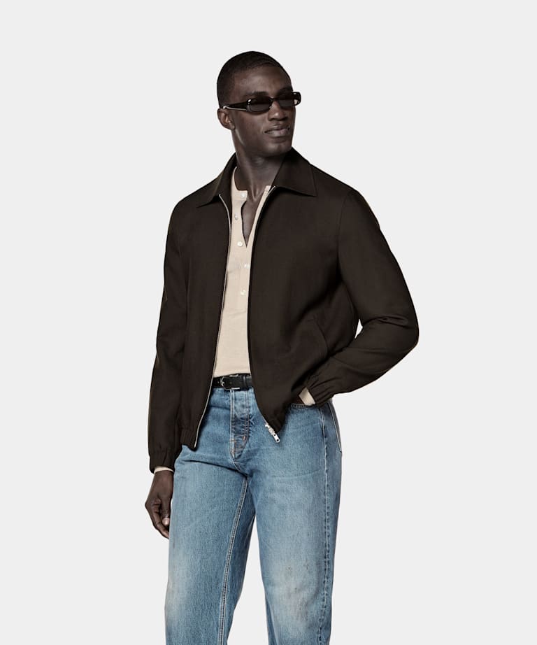 SUITSUPPLY Lana de 4 cabos sin arrugas de Rogna, Italia Bomber marr&oacute;n