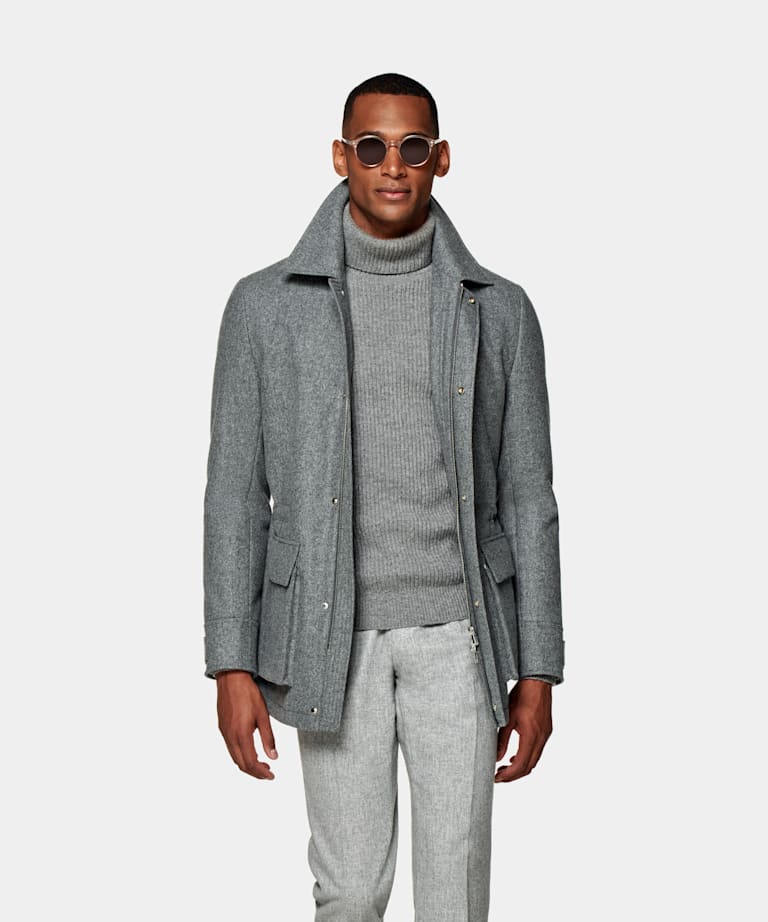 SUITSUPPLY Circular Wool Flannel by Vitale Barberis Canonico, Italy Light Grey Down Field Jacket