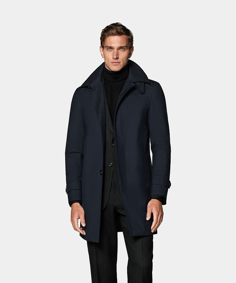 SUITSUPPLY Water-Repellent Wool Polyurethane by Vitale Barberis Canonico, Italy Navy Raincoat