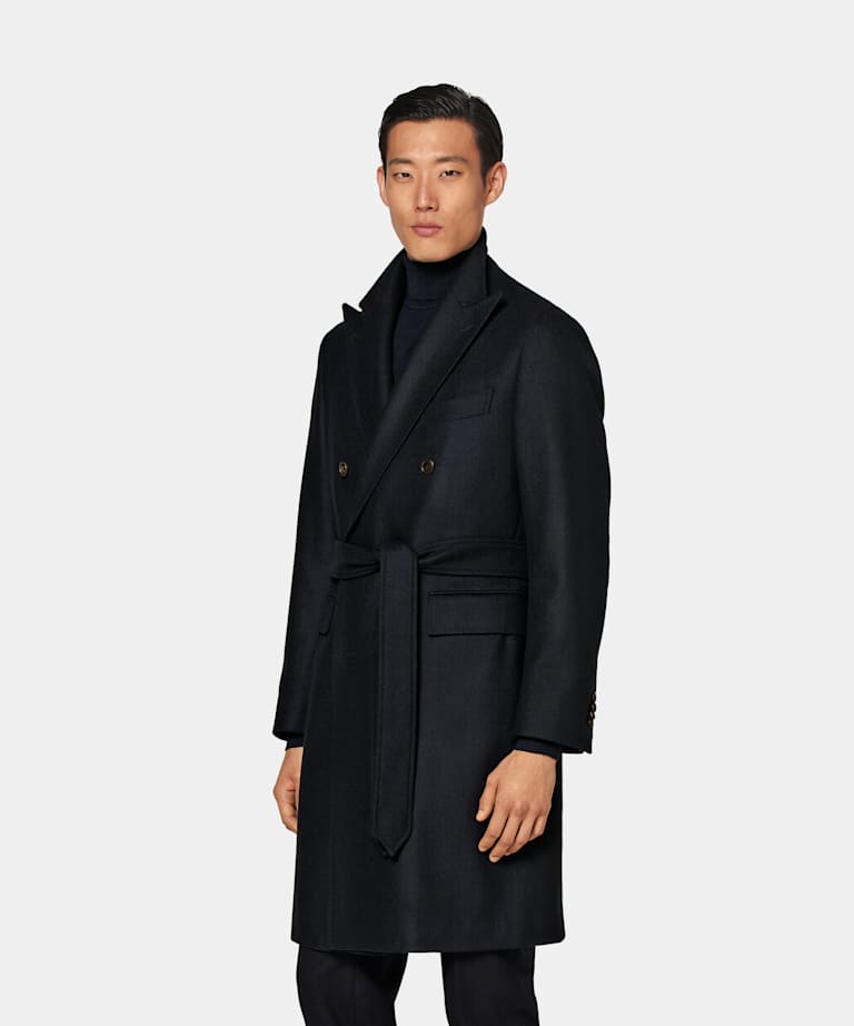 SUITSUPPLY Wool Cashmere by E.Thomas, Italy Navy Herringbone Belted Overcoat