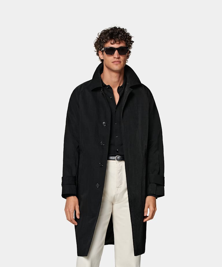 SUITSUPPLY Water-Repellent Technical Fabric by Majocchi, Italy Black Belted Trench Coat