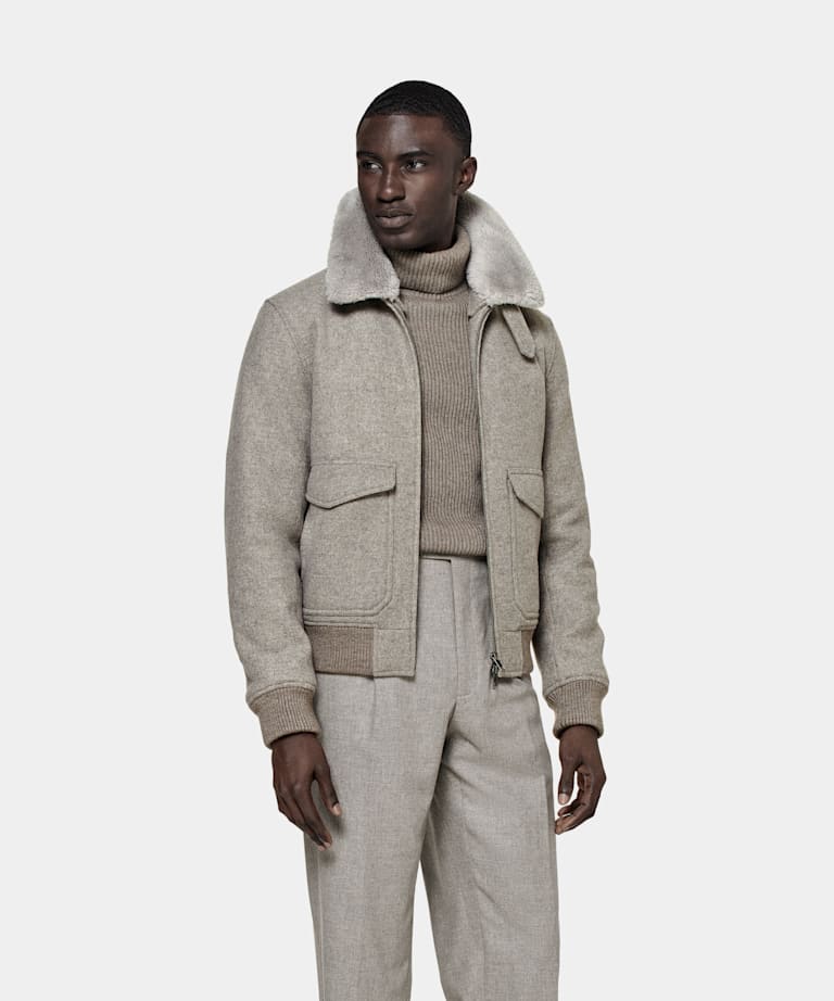 SUITSUPPLY Pure Schurwolle Bomberjacke Taupe