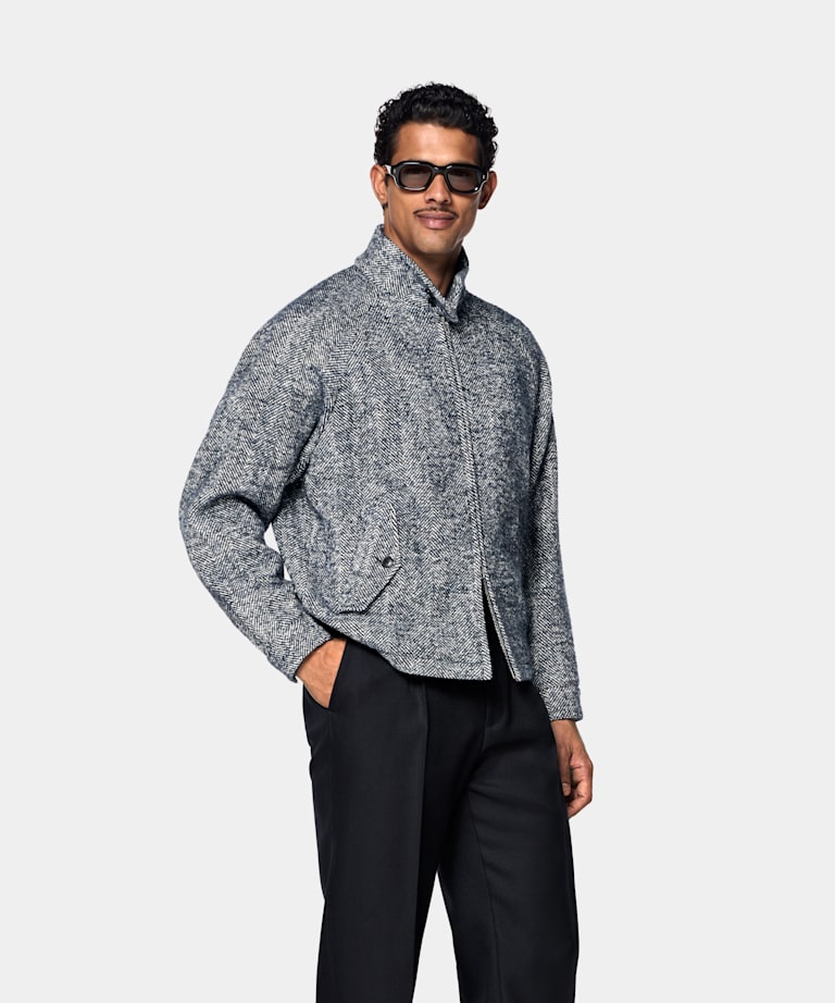 SUITSUPPLY Wool Blend by Emmetex, Italy Navy Herringbone Raglan Bomber Jacket