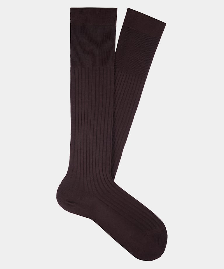 Brown Ribbed Knee High Socks
