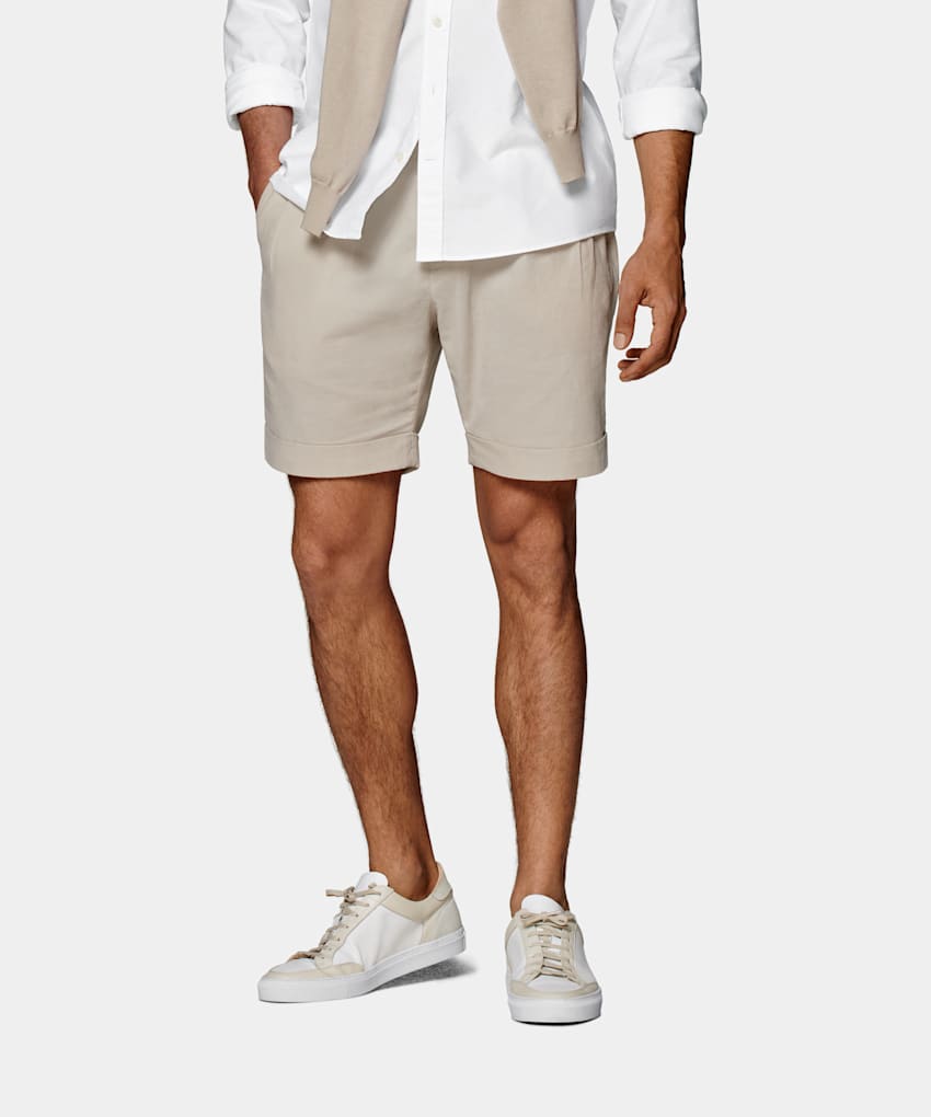 SUITSUPPLY Cotton Stretch by Pontoglio, Italy Sand Pleated Bosa Shorts