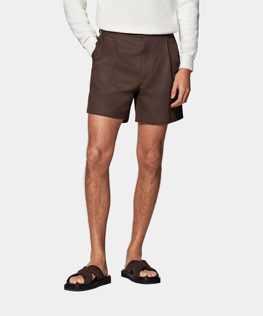 SUITSUPPLY Puro algodón de E.Thomas, Italia Pantalones cortos Duca marrón intermedio plisados