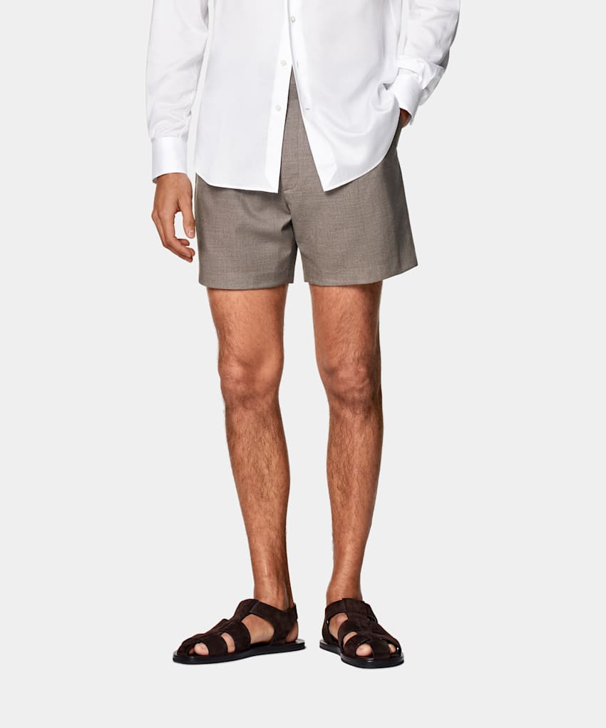 SUITSUPPLY Pure 4-Ply Traveller Wool by Rogna, Italy Taupe Straight Leg Shorts