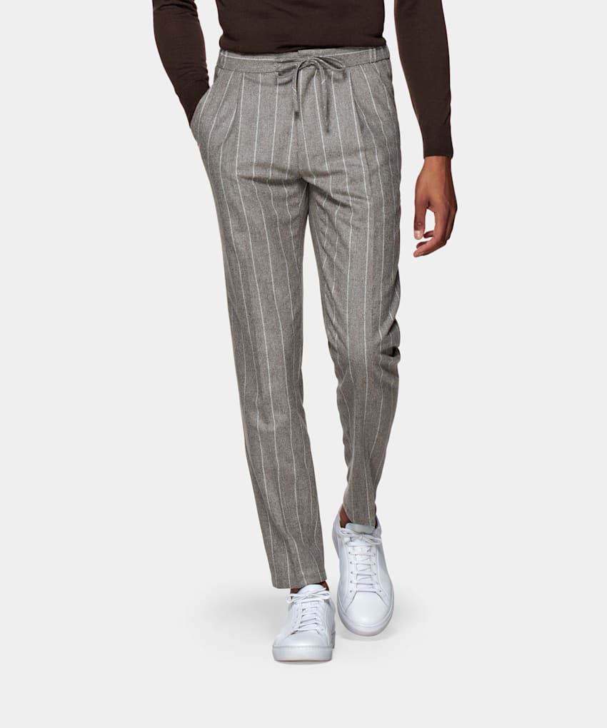 SUITSUPPLY Circular Wool Flannel by Vitale Barberis Canonico, Italy Light Grey Striped Drawstring Ames Trousers